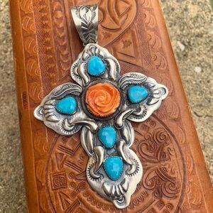 Native American jewelry sterling silver turquoise cross pendant 925 Navajo boho